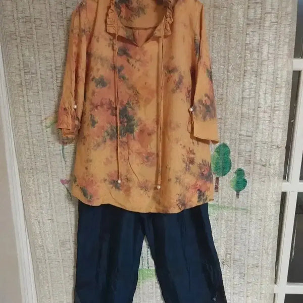 [BUNJANG] Natural Dyed Flower Pattern Blouse and Pants Set / 천연염색 플라워 패턴 블라우스 팬츠 디피 세트