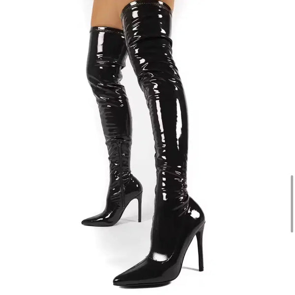 [BUNJANG] Latex Enamel Leather Long Boots / 라텍스 애나멜 가죽 롱부츠