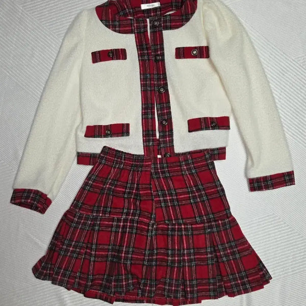 [BUNJANG] Red Check Cardigan Skirt Set / 레드 체크 가디건 치마 셋업