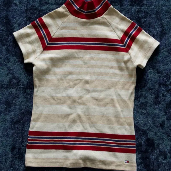 [BUNJANG] Tommy Hilfiger Striped Turtle Neck Short Sleeve Knit Women's XS / 타미힐피거 스트라이프 터틀넥 반팔 니트여성 xs