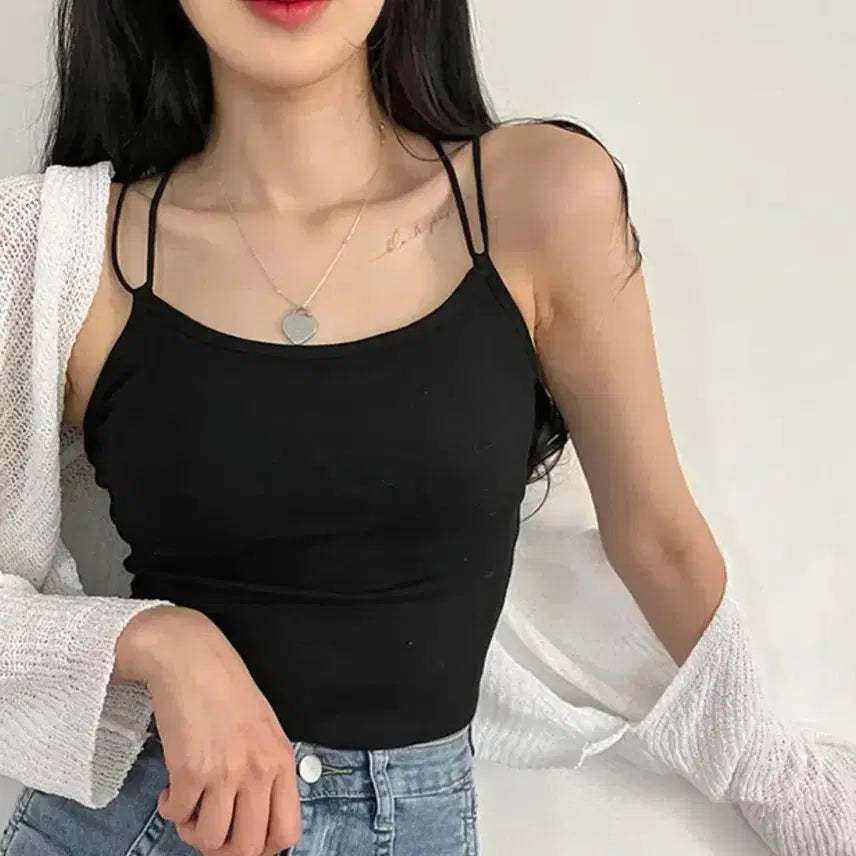 [BUNJANG] Black Two-Line X-Strap Backless Camisole Sleeveless Top / 에이블리 백리스 두줄 엑스끈 나시 블랙 X자 끈 슬리브리스