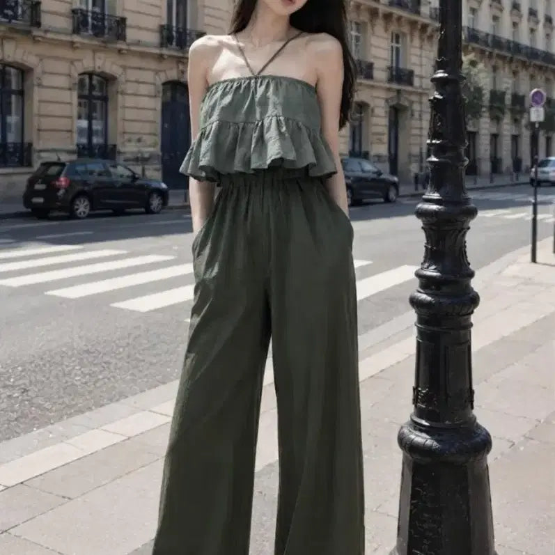 [BUNJANG] Khaki Linen-Feel Halterneck Jumpsuit Wide Fit Pockets / 카키 린넨무드 홀터 점프수트 / 와이드핏 / 주머니O
