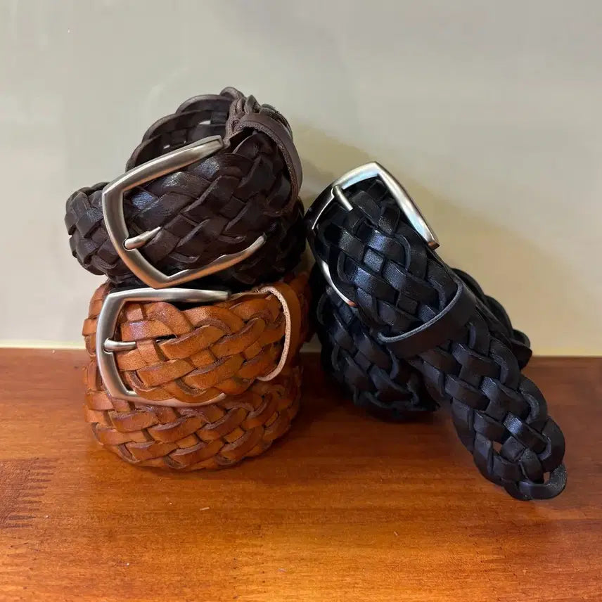 [BUNJANG] 35mm Full Grain Leather 6-Stripe Mesh Belt (Unisex) / 35mm 소가죽 통가죽 6줄 메쉬 벨트 (남녀공용)