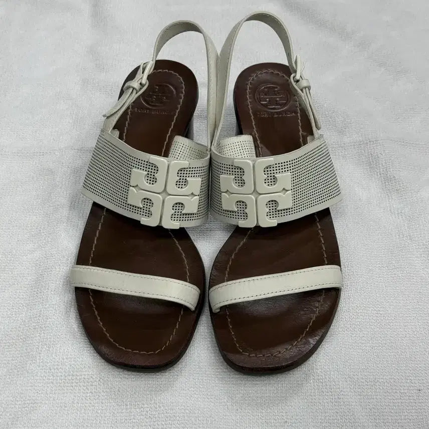 [BUNJANG] Tory Burch Women's Leather Heeled Sandals - Brown/White, 245mm / 토리버치 구두 샌들 245mm