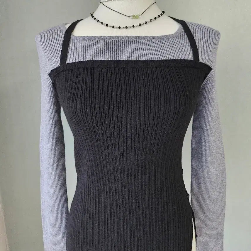 [BUNJANG] MICHAA Black and Grey Two-Tone Knit Top / 미쏘 블랙 앤 그레이 투톤 니트 탑