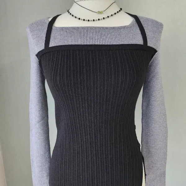 [BUNJANG] MICHAA Black and Grey Two-Tone Knit Top / 미쏘 블랙 앤 그레이 투톤 니트 탑