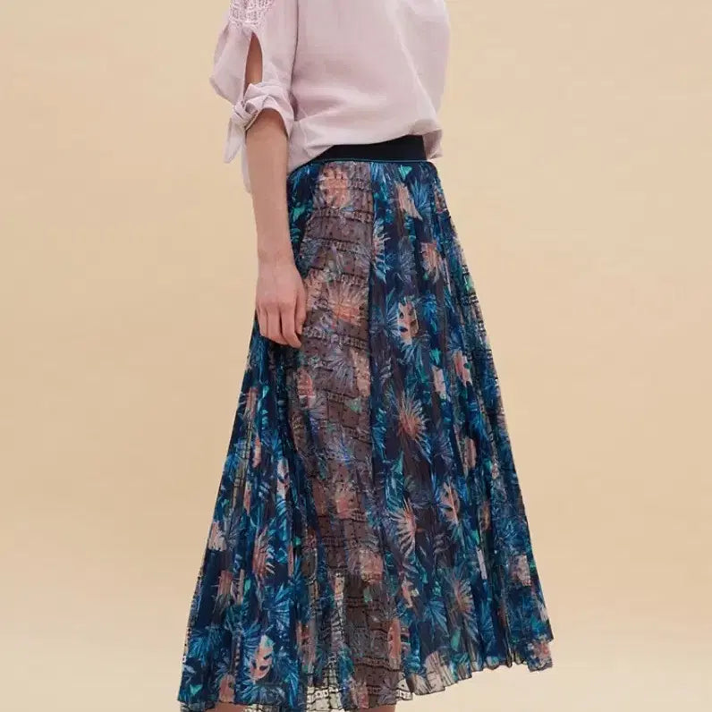 [BUNJANG] OBZEE Pleated Lace Mix Maxi Skirt / 31-32) 한섬 오브제 OBZEE 플리츠 레이스배색 맥시 롱스커트 치마 쉬폰 트로피컬 휴가룩 여행룩 77 시스루 샤 튤