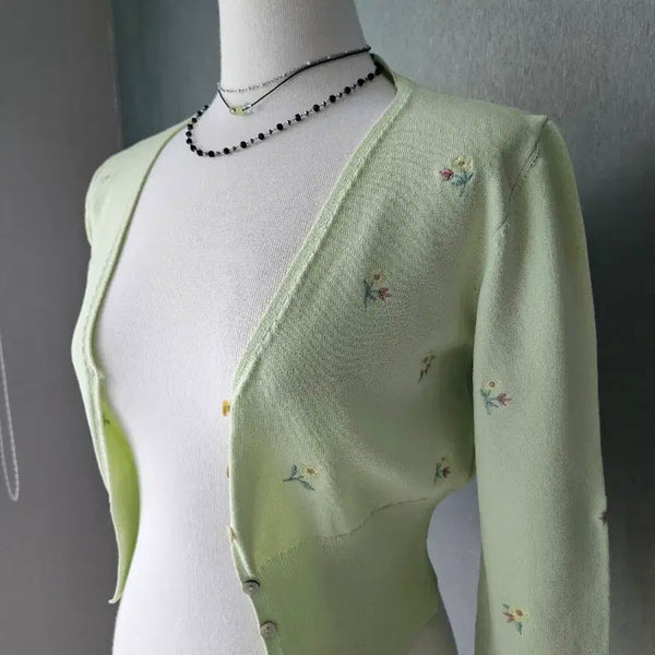 [BUNJANG] Zara Green Floral Embroidery Bolero Cardigan / 자라 연두색 플로럴 자수 볼레로 가디건