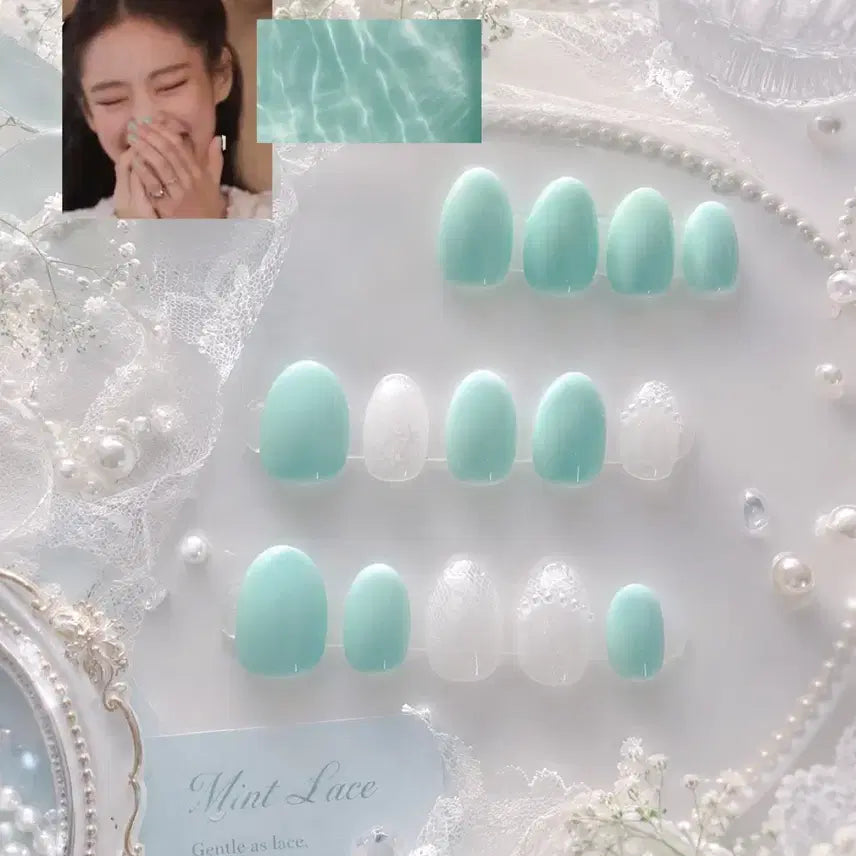 [BUNJANG] Jennie Mint Lace Handmade Nail Tips / 제니 민트네일 레이스네일 수제네일팁
