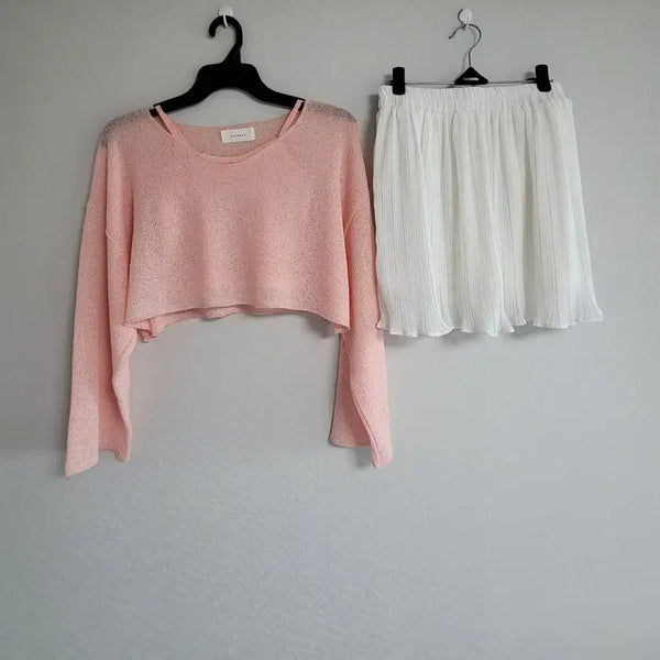 [BUNJANG] Pink Knit Sweater & Knit Tank Top Set with White Chiffon Skirt / [코디 세트] 핑크 니트 & 니트 나시 + 화이트 쉬폰 스커트
