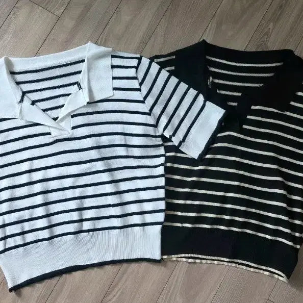 [BUNJANG] Striped Cropped Knit 2-Set (Black, White) / 새상품2개일괄)단가라 크롭 니트 2종 (블랙, 화이트) 시원한 소재