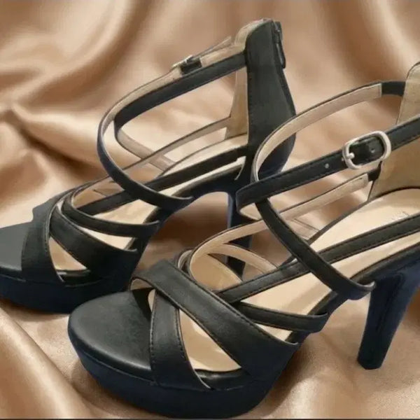 [BUNJANG] Black Strap Heeled Sandals / 블랙 스트랩 힐 샌들