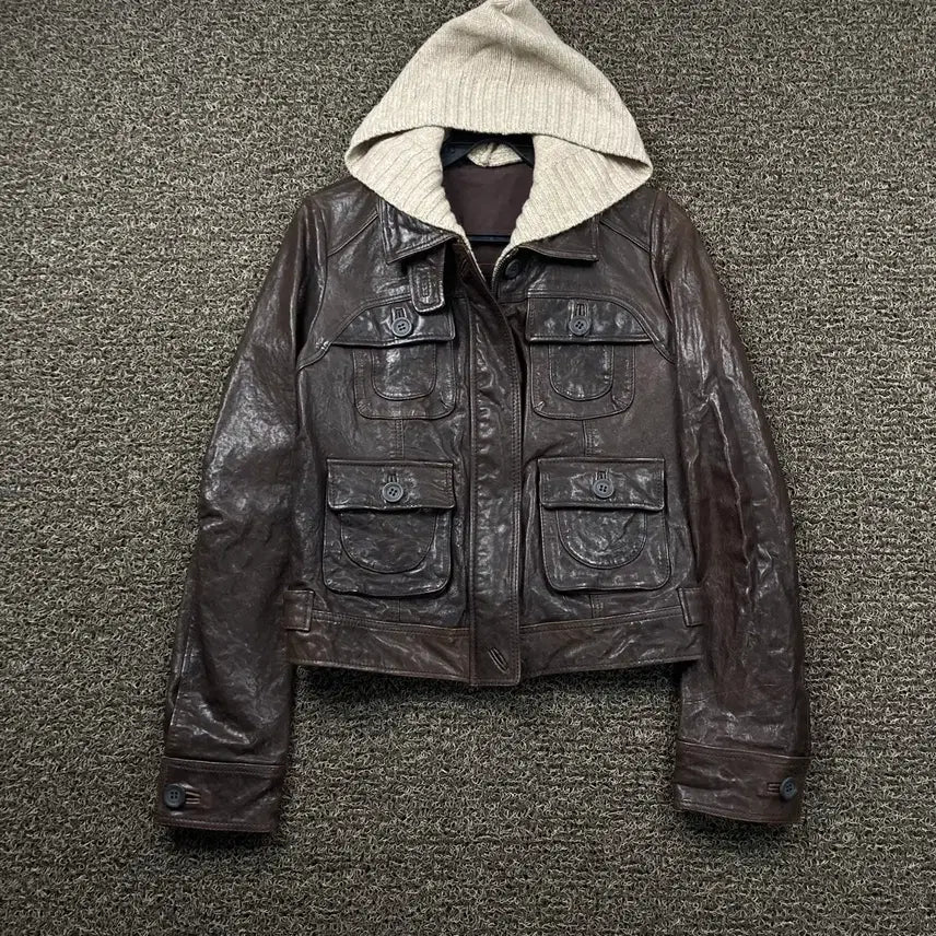 [BUNJANG] Vintage Lambskin Leather Hooded Jacket / Vintage 양가죽 레더 후드 자켓