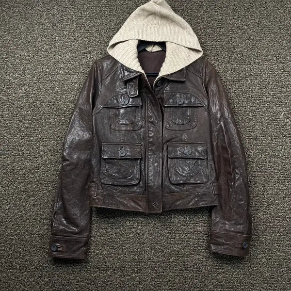 [BUNJANG] Vintage Lambskin Leather Hooded Jacket / Vintage 양가죽 레더 후드 자켓