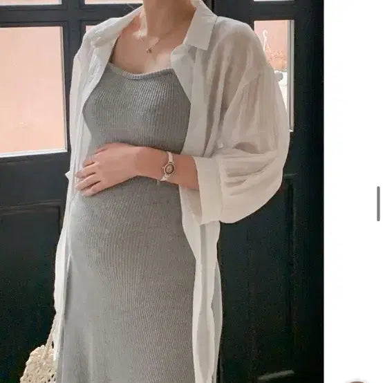 [BUNJANG] Maternity Ribbed Tank Dress - Cream / 임부복 라인 골지 나시 원피스 크림
