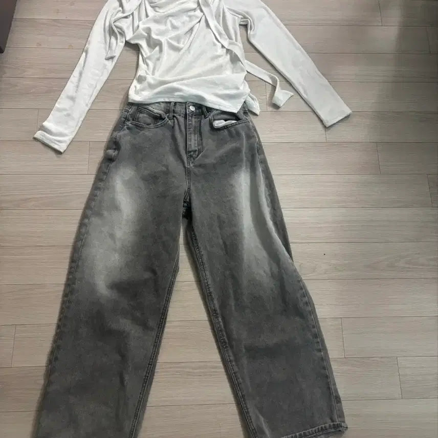 [BUNJANG] Off-Shoulder Top & Wide-Leg Denim Pants Set / 오프숄더. 데님(와이드)