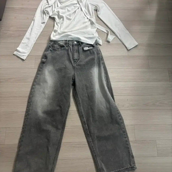 [BUNJANG] Off-Shoulder Top & Wide-Leg Denim Pants Set / 오프숄더. 데님(와이드)