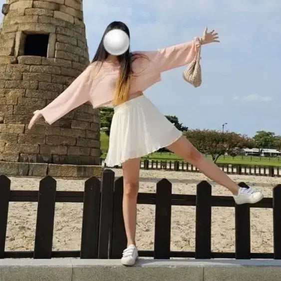 [BUNJANG] Summer Pink Knit & White Chiffon Skirt Coordinated Set / 여름용 핑크 니트 & 흰색 쉬폰 스커트 코디 세트