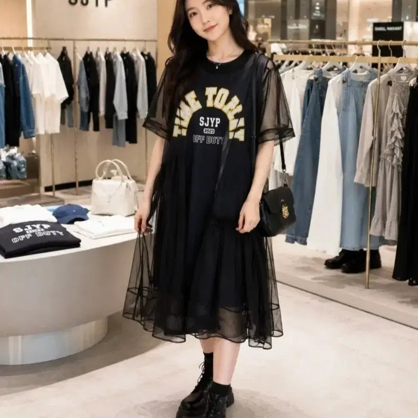[BUNJANG] SJYP Sheer Short-Sleeve Dress Black / SJYP 시스루 반팔 원피스 블랙