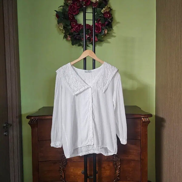 [BUNJANG] Linen Asa Cotton 100% Blouse with Lace Detail / 린넨아사면 100% 블라우스