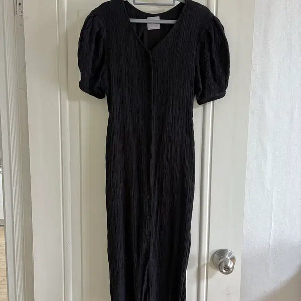 [BUNJANG] Black V-Neck Puff Sleeve Long Dress / 15만원대구매) 퍼프소매 브이넥 롱원피스 블랙 하객룩 고급