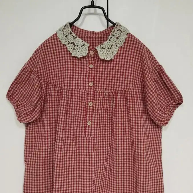 [BUNJANG] Red Gingham Check Lace Collar Blouse / 빨강 고방체크면 레이스 카라 귀여운 블라우스