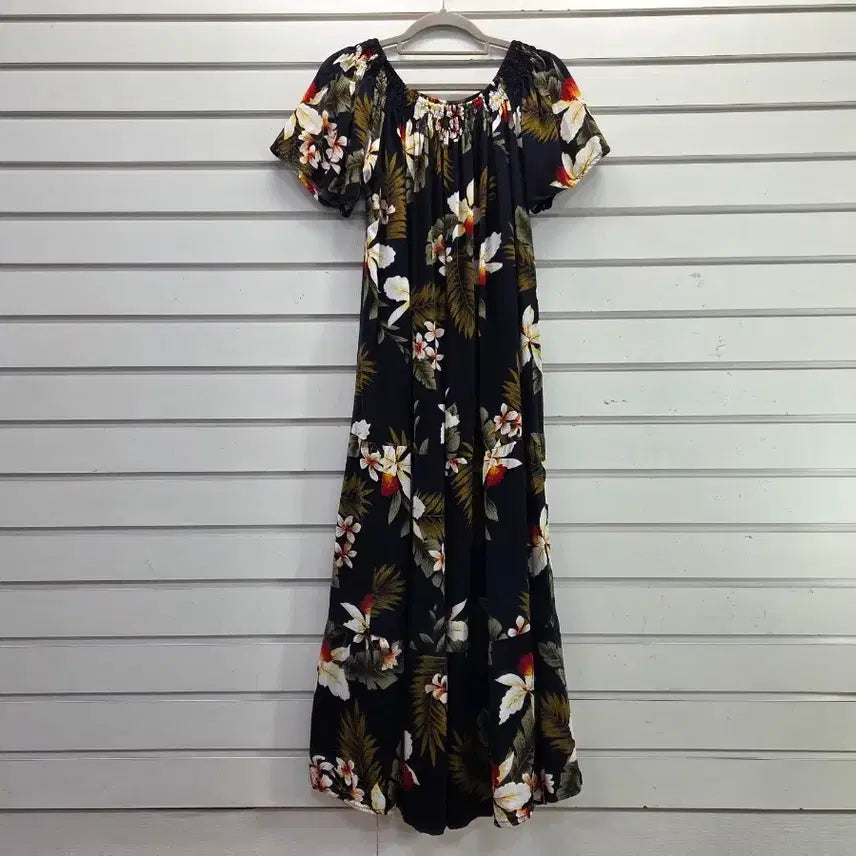 [BUNJANG] Flower Print Long Dress with Neck Banding / 플라워  목부분 밴딩 롱원피스 55/보물찾기천사