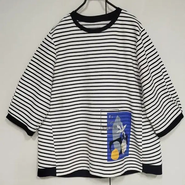 [BUNJANG] Black and White Striped T-Shirt / 88 산뜻한 흑백 줄무늬 신축성 원단 박시핏 티