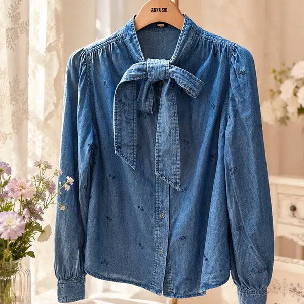 [BUNJANG] ANNA SUI Women's Summer Denim Shirt Ribbon Detail Size 95 / 안나수이 여성 여름 청남방 리본포인트 95