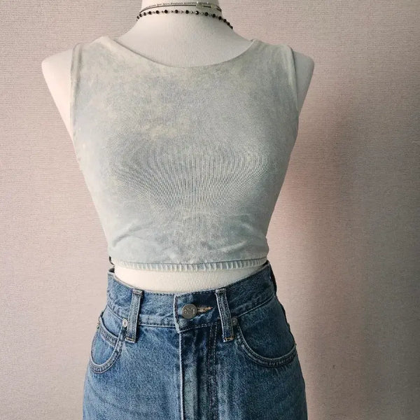 [BUNJANG] Denim Wash Crop Tank Top / 크롭 나시 탑 데님 워싱