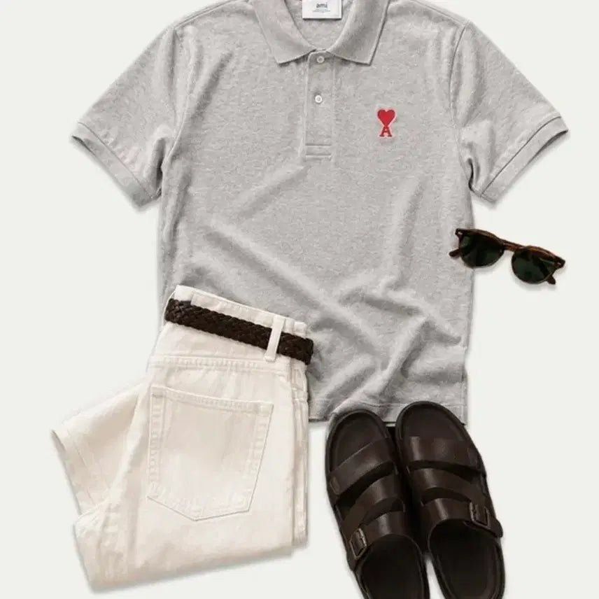 [BUNJANG] AMI Heart Logo Polo Shirt Grey / 아미 하트 로고 폴로셔츠 그레이