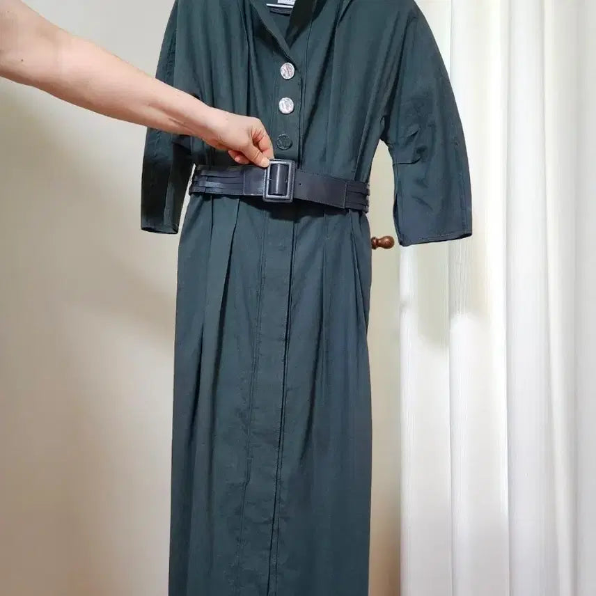 [BUNJANG] MICHAA STUDIO Italian Linen Blend Belted Long Dress (Deep Green) / [드라이완료/55] 미샤 스튜디오 이태리 린넨 블렌드 벨티드 롱 원피스 (딥그린)