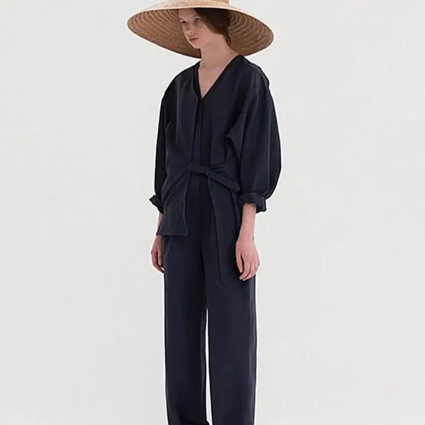 [BUNJANG] Les Septembre 18ss Resort Linen Jumpsuit Navy / 르셉템버 르17 은뽕뽕 점프수트 리조트 린넨 네이비 여행룩 휴가룩 점프슈트