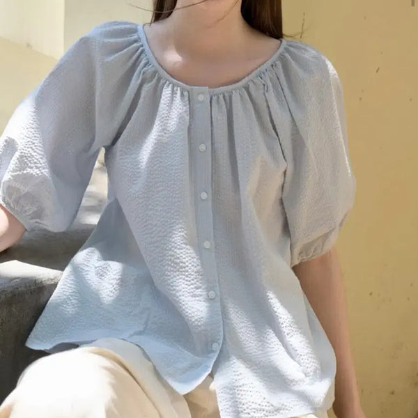 [BUNJANG] Amour Muhr U-Neck Seersucker Blouse - Blue / 아무르 무아르 유넥 시어서커 블라우스 블루 amr2099