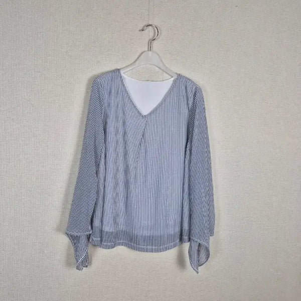 [BUNJANG] Striped V-Neck Ribbon Sleeve Blouse / (#66,77추천/택X새상품)스트라이프 브이넥 소매리본 블라우스