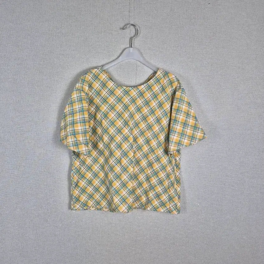 [BUNJANG] Yellow Blue Check 100% Cotton Blouse - Size M / (#55,66추천/M)면100% 옐로우 블루체크 블라우스