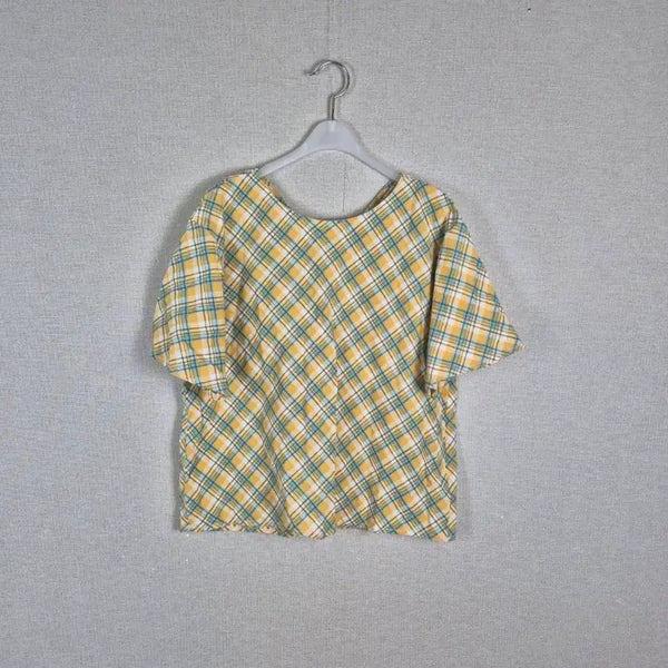[BUNJANG] Yellow Blue Check 100% Cotton Blouse - Size M / (#55,66추천/M)면100% 옐로우 블루체크 블라우스