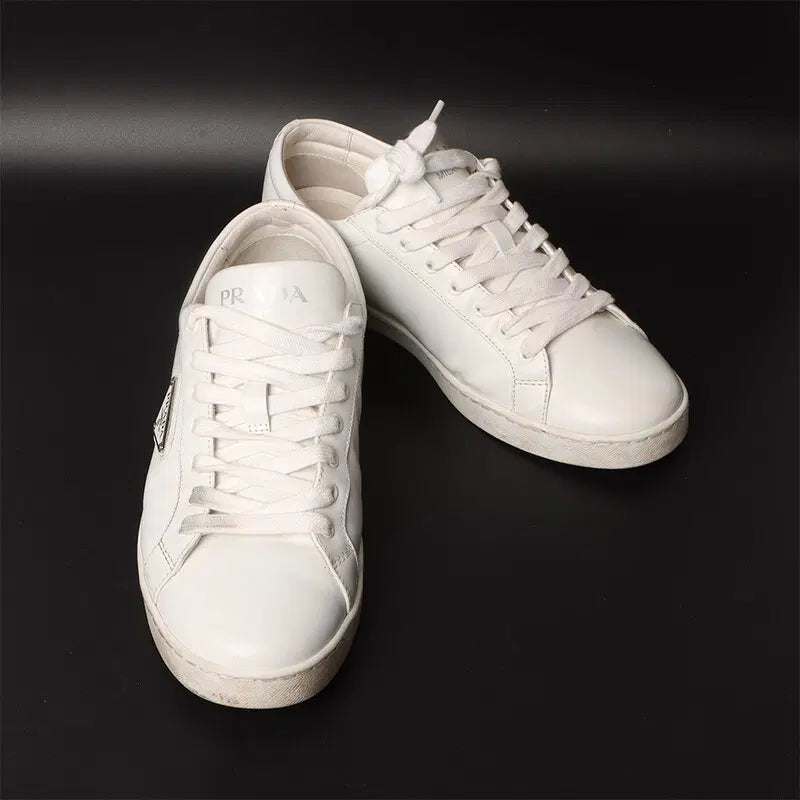 [BUNJANG] Prada Brushed Leather Sneakers White Triangle Logo Size 6.5 / 프라다 2EE376 브러시드 스니커즈 6 1/2 (백화점영수증) 31011