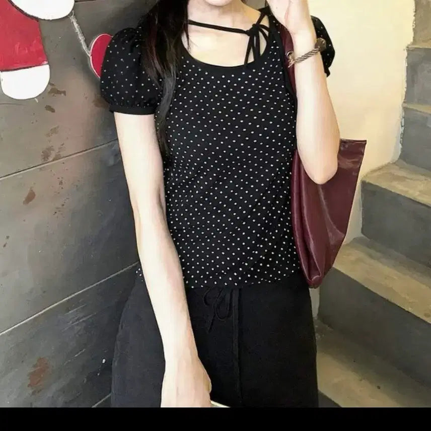 [BUNJANG] Black Dot Pattern Short Sleeve T-Shirt / [새상품] 검정색 도트 패턴 반팔
