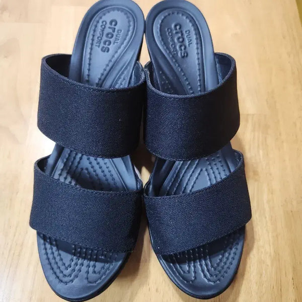 [BUNJANG] Crocs Two-Strap Wedge Sandals Black W6 (235) / 크록스 투스트랩 235 w6 웨지 샌들 블랙