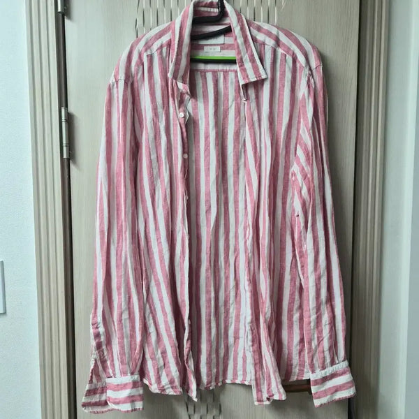 [BUNJANG] Massimo Dutti 100% Linen Stripe Shirt Pink White / 마시모두띠 정품 린넨100% 스트라이프 셔츠 핑크 화이트