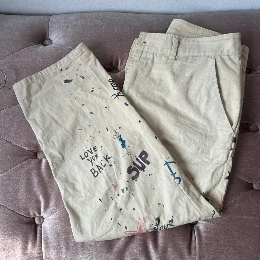 [BUNJANG] The Editor Men's Beige Hand-Painted Cotton Chino Baggy Pants / 디에디터 남성 베이지 핸드페인팅 코튼치노팬츠 배기팬츠