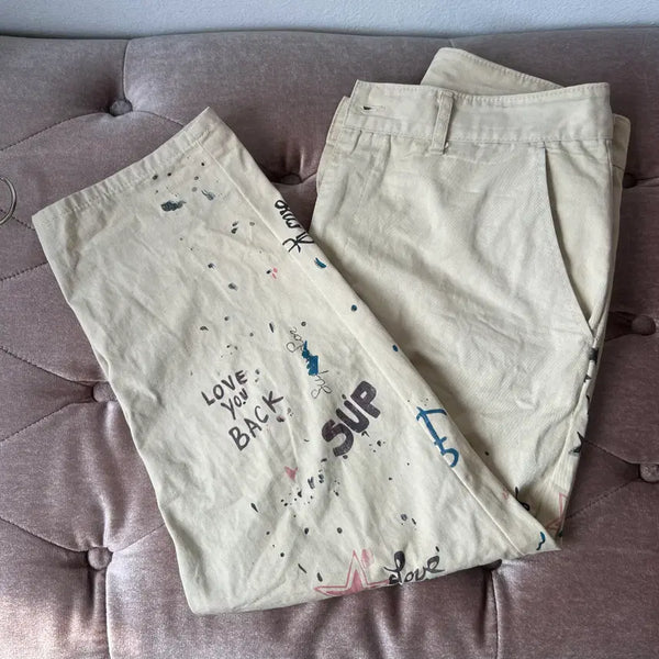 [BUNJANG] The Editor Men's Beige Hand-Painted Cotton Chino Baggy Pants / 디에디터 남성 베이지 핸드페인팅 코튼치노팬츠 배기팬츠