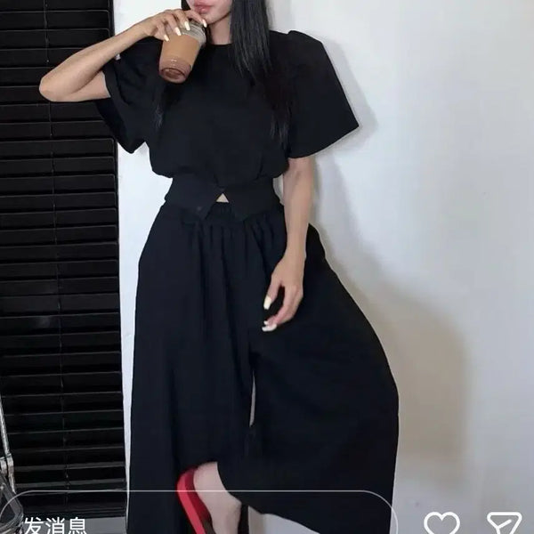 [BUNJANG] Puff Sleeve Crop Top and Bottom Set (Black/Gray) / (새상품)퍼프소매 크롭 상하의 세트 (블랙/그레이)