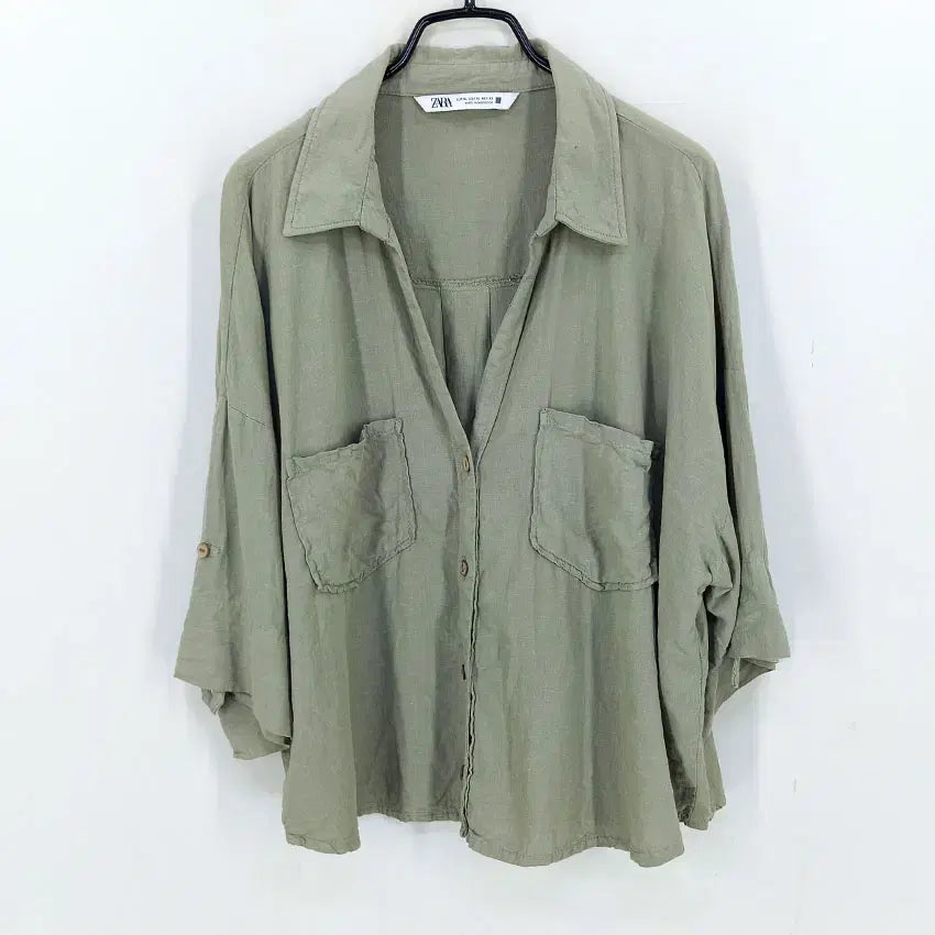 [BUNJANG] Zara Women's Summer Loose Fit Linen Blend Short Shirt Khaki XL / 자라 여성 여름 루즈핏 숏 린넨혼방셔츠 카키XL (HU45946)