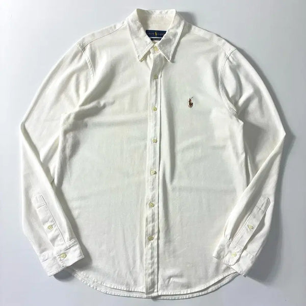 [BUNJANG] Polo Ralph Lauren Embroidered Cotton White Knit Oxford Shirt / Polo  폴로 랄프로렌 자수 코튼 화이트 니트 옥스포드 셔츠
