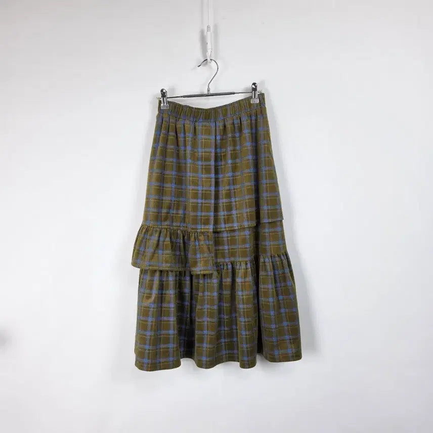 [BUNJANG] Milk Rabbit Khaki Check Velvet Frill Long Banding Skirt / 밀크래빗 카키 체크 벨벳 프릴 롱 밴딩 스커트 여 26-30인치 260716