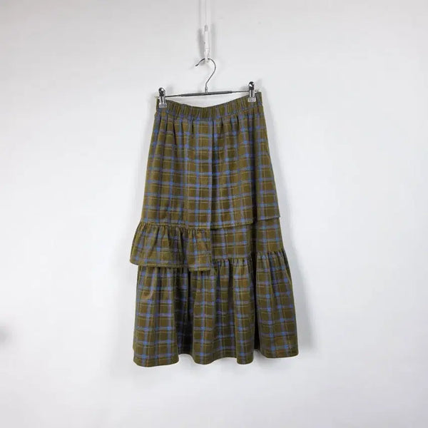 [BUNJANG] Milk Rabbit Khaki Check Velvet Frill Long Banding Skirt / 밀크래빗 카키 체크 벨벳 프릴 롱 밴딩 스커트 여 26-30인치 260716