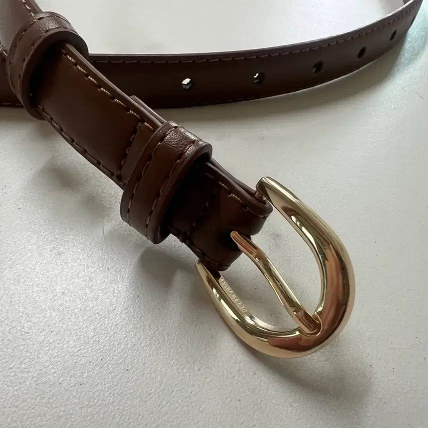 [BUNJANG] High-Quality Slim Daily Belt (Brown with Gold Buckle) / [새상품] 데일리 슬림 벨트 (브라운/골드 버클)