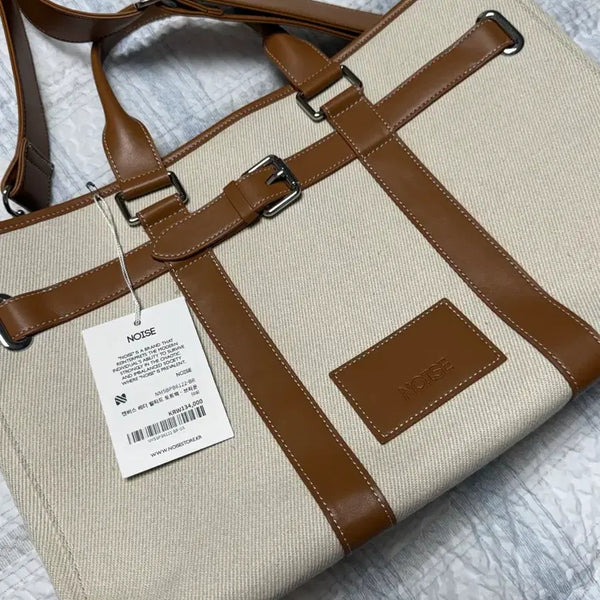[BUNJANG] Noise Canvas Leather Belted Tote Bag Brown Ivory / 노이즈 캔버스 레더 벨티드 토트백 브라운 아이보리